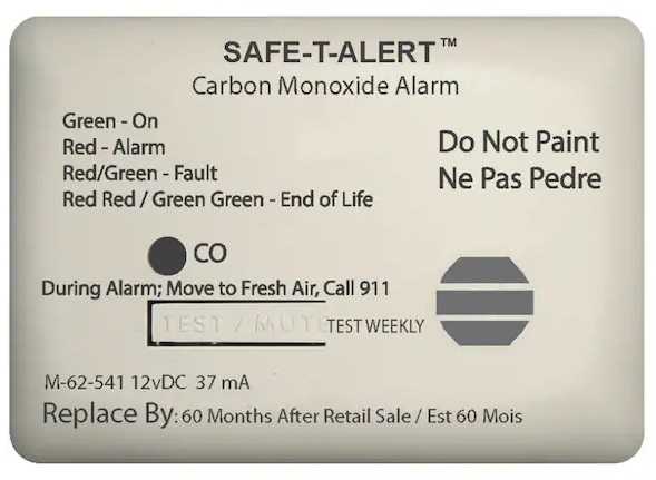 Carbon Monoxide Alarm 12V Hardwire  Surface Mount  White