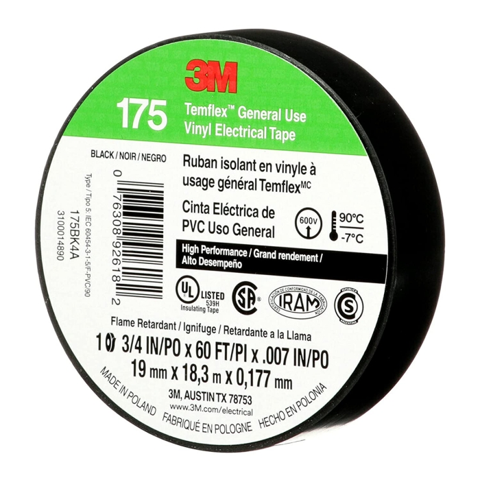 TEMFLEX 175 ELECTRICAL TAPE VINYL 3/4" x 60' x 7 mil BLACK