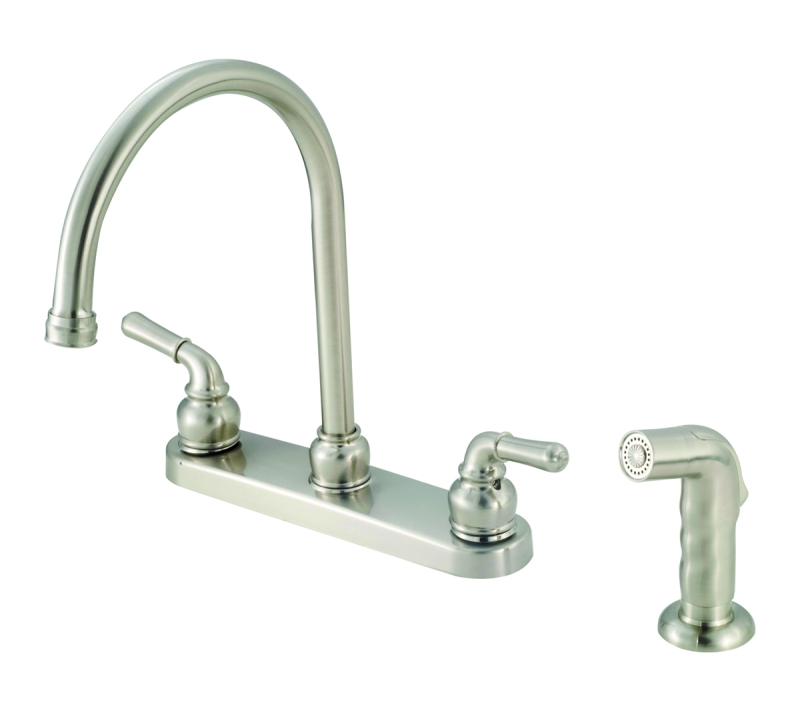 Faucet - Kitchen 8" Brushed Nickel Metal with gooseneck spout teapot handles & spray
