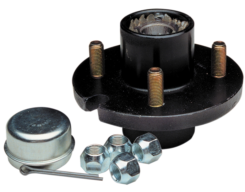 WHEEL HUB KIT PRE-GREASED 4 STUD 1250#  1" BEARINGS WITH LUG NUTS PAINTED