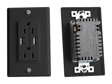 AC Dual Outlet with Cover & 2 USB Charge Ports - Black
