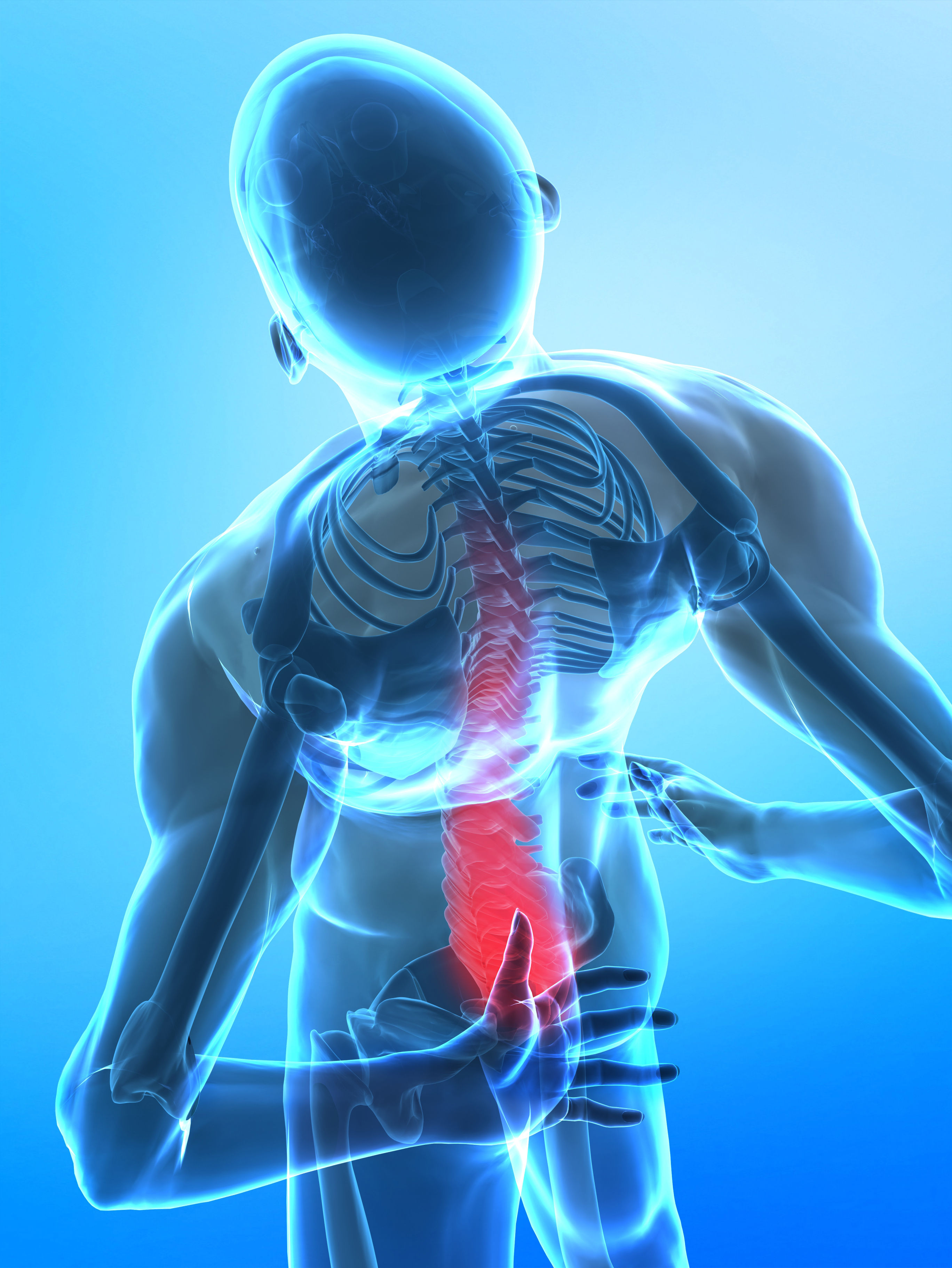 The image depicts a semi-transparent human figure highlighting the spine, with a focus on the lumbar region, indicating potential pain or discomfort.