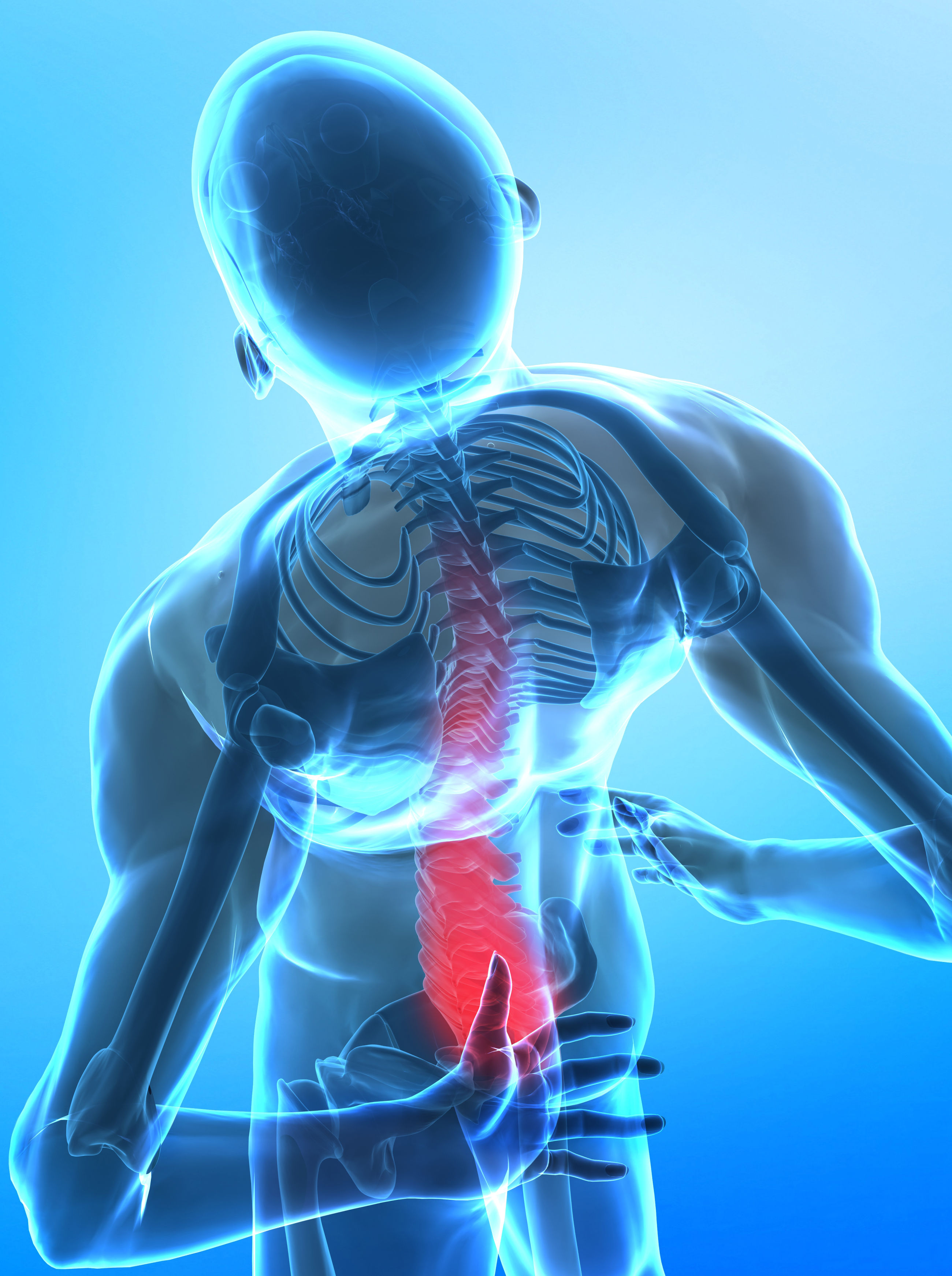 The image depicts a semi-transparent human figure highlighting the spine, with a focus on the lumbar region, indicating potential pain or discomfort.