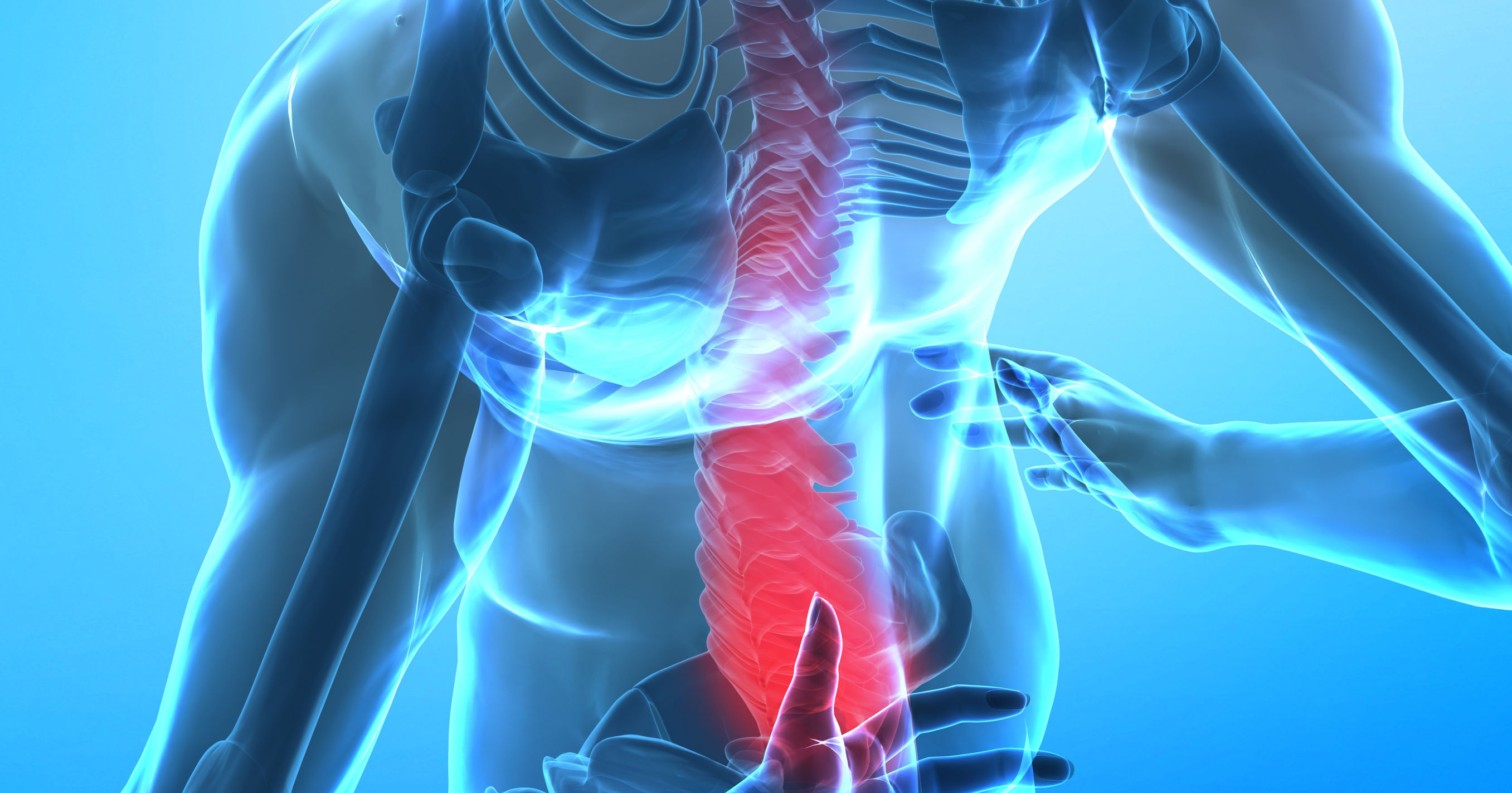 illustration of human skeleton with lower vertebrae highlighted