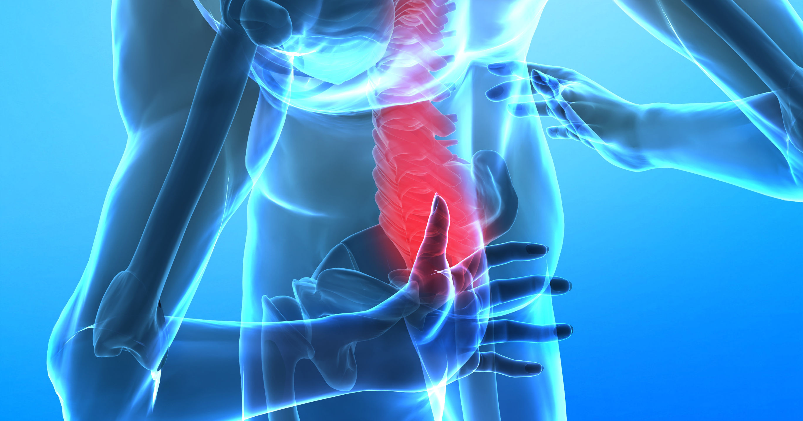 The image depicts a semi-transparent human figure highlighting the spine, with a focus on the lumbar region, indicating potential pain or discomfort.