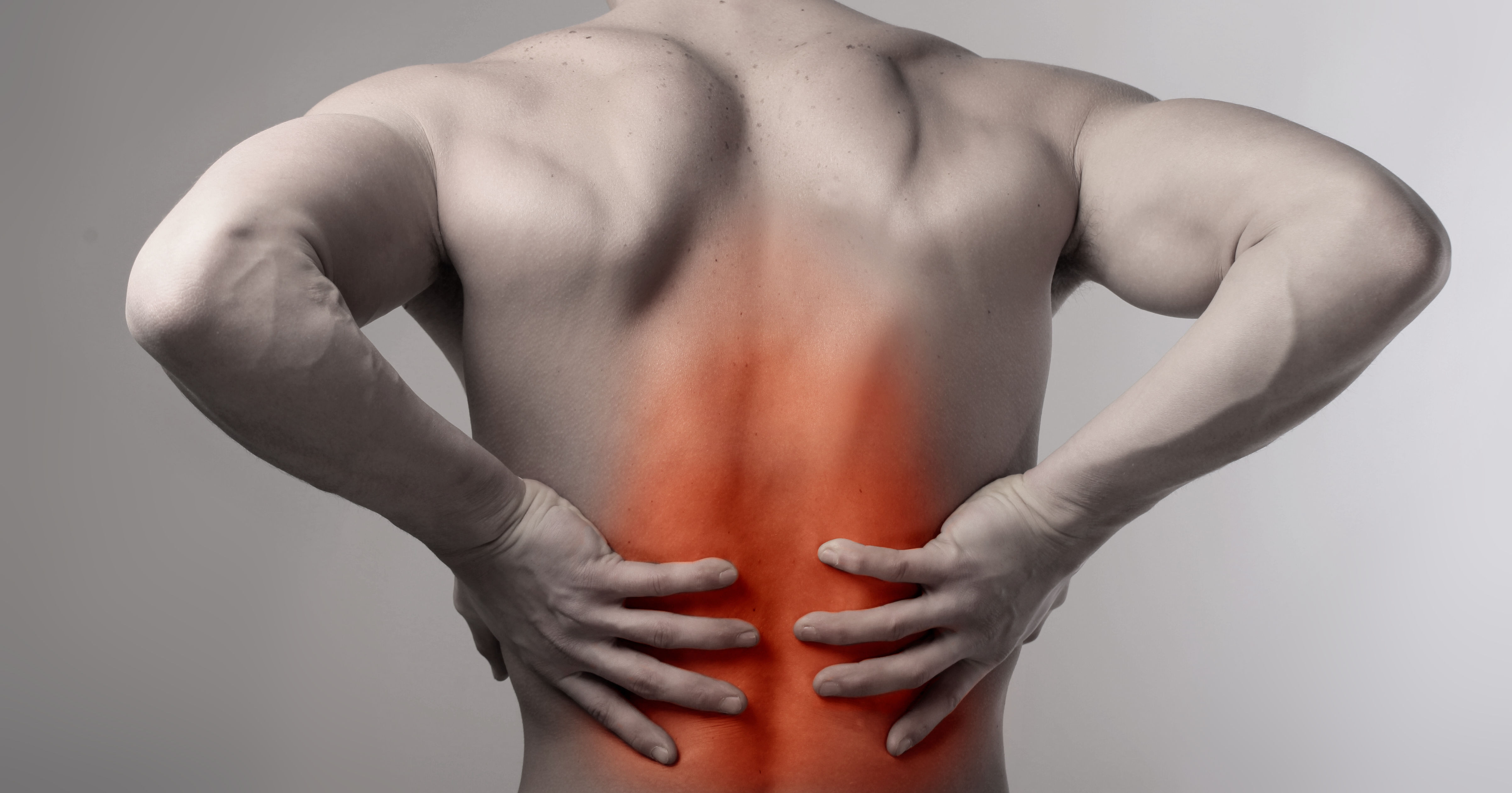 black and white back of upper half of muscular male with low back pain glowing red