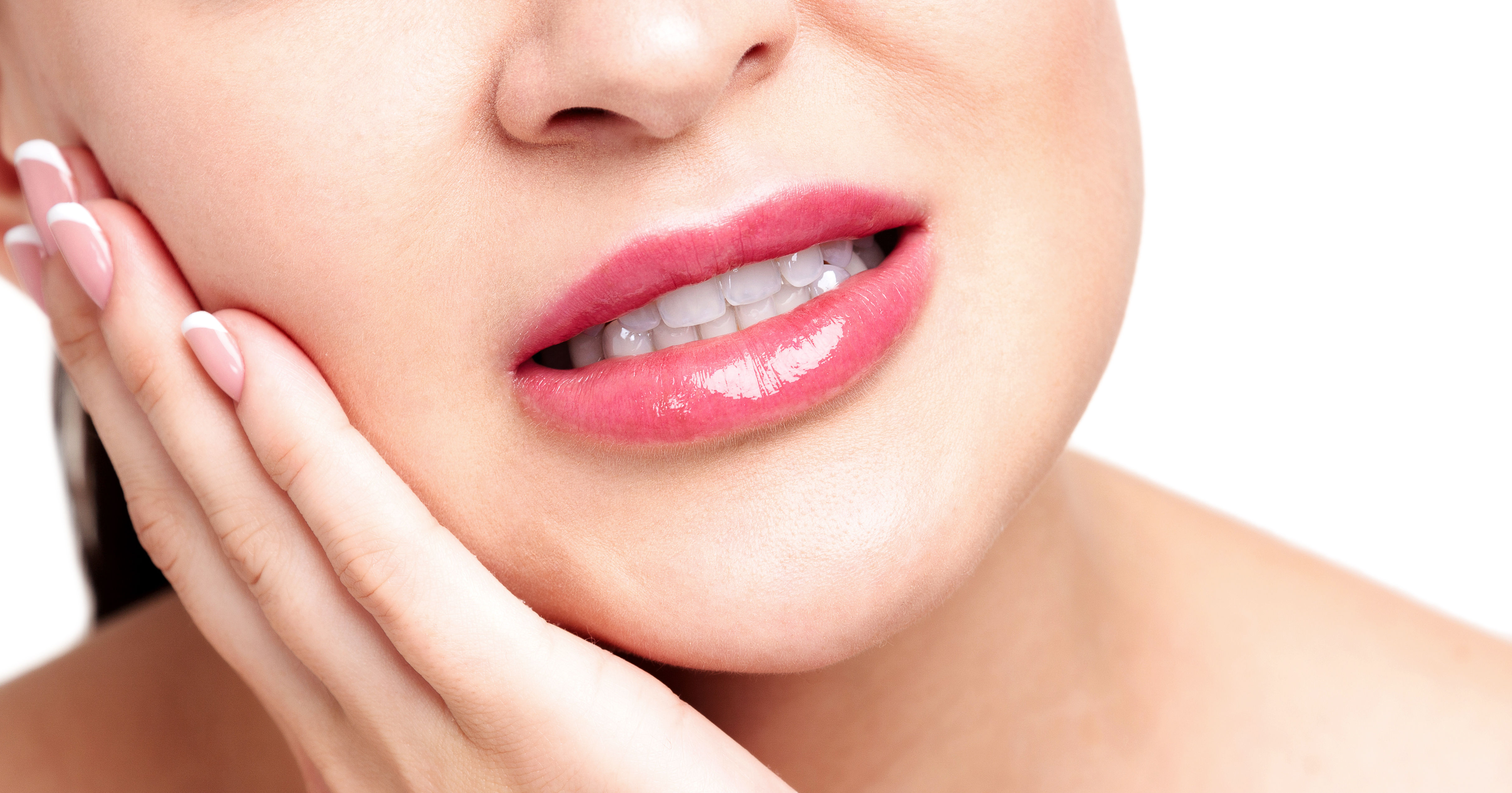 The image shows a close-up of a woman with glossy lips, holding her face with one hand, possibly expressing discomfort or concern.