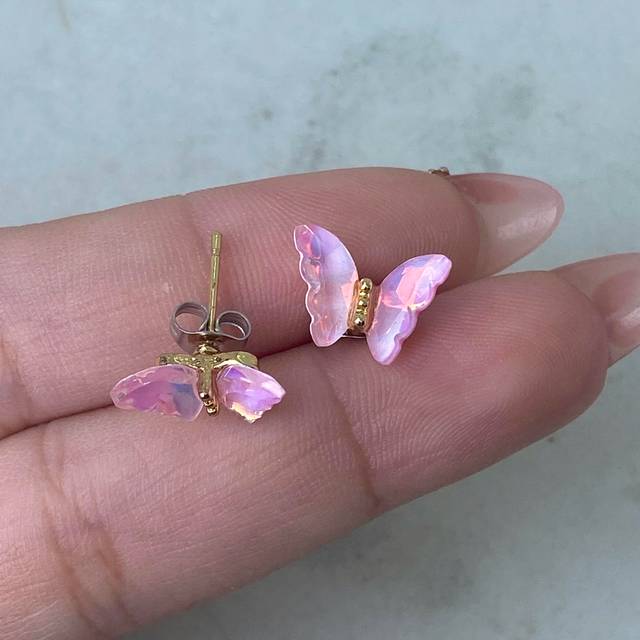 AROS ACERO DORADO MARIPOSA DE CRISTAL MEDIANA - ROSA