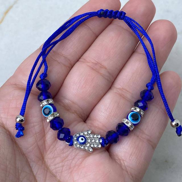 TOBILLERA/PULSERA DE HILO REGULABLE - MANO DE FATIMA AZUL