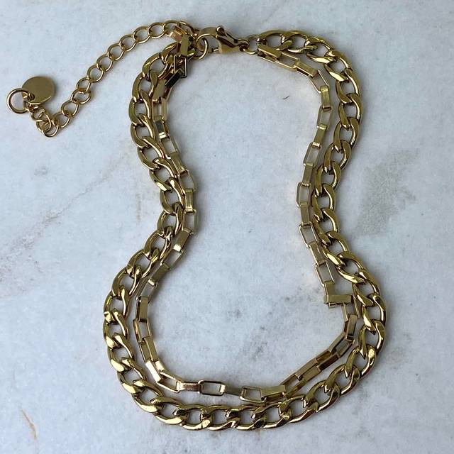 PULSERA ACERO DORADO DOBLE CADENA CUBANA Y VENECIANA