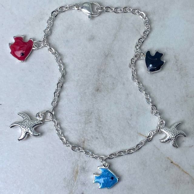 PULSERA ACERO BLANCO CON PECES DE COLORES Y ESTRELLA DE MAR