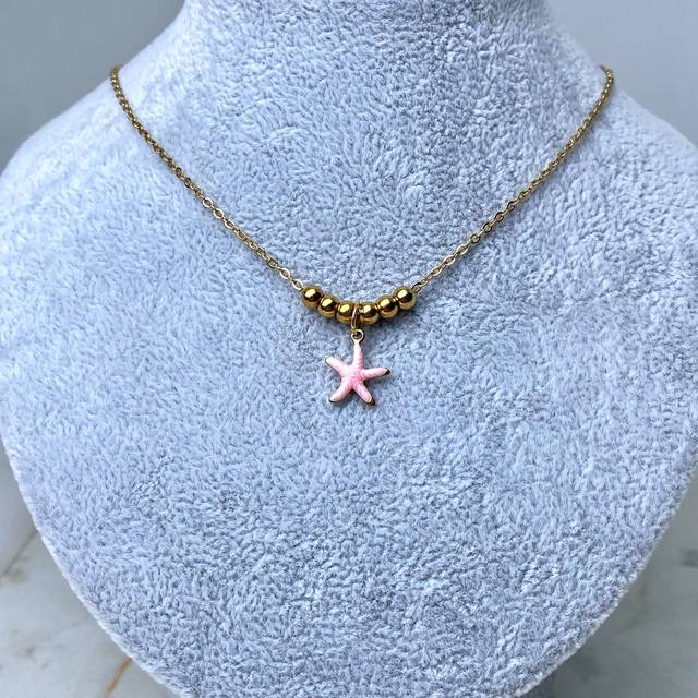 COLLAR ACERO DORADO CON BOLITAS - ESTRELLA DE MAR ROSA