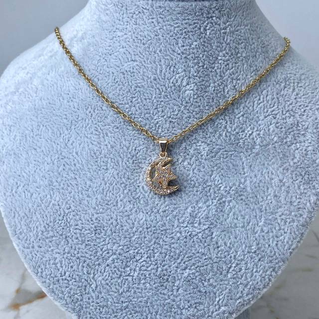 COLLAR ACERO DORADO DIJE GIRATORIO -  LUNA CON ESTRELLA CON MICROCRISTALES