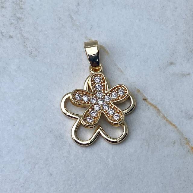 DIJE ACERO DORADO DOBLE FLOR CON MICROCRISTALES