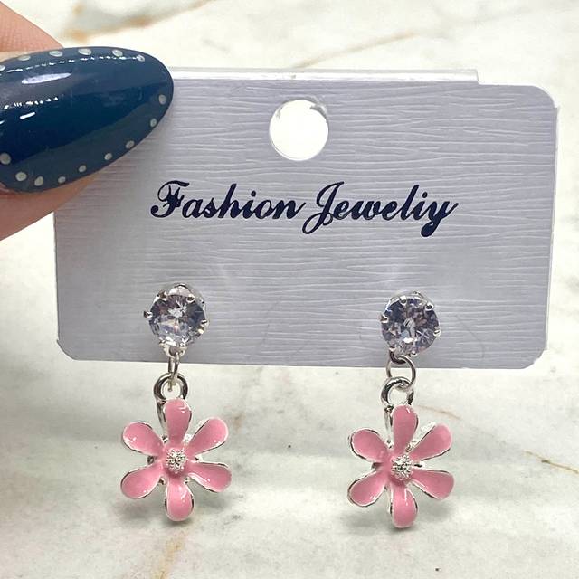 AROS ACERO BLANCO CUBIC CON FLOR COLGANTE - ROSA