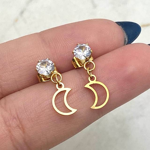 AROS ACERO DORADO CUBIC CON DIJE CALADO CHICO - LUNA