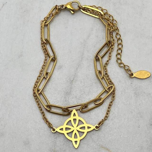 PULSERA ACERO DORADO DOBLE CADENA FORCET Y NUDO DE BRUJAS