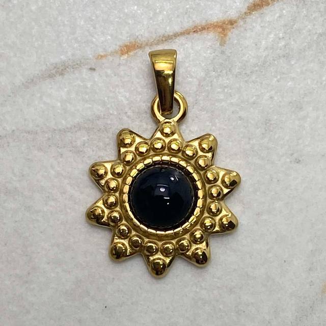DIJE ACERO DORADO MACIZO SOL CON CRISTAL NEGRO
