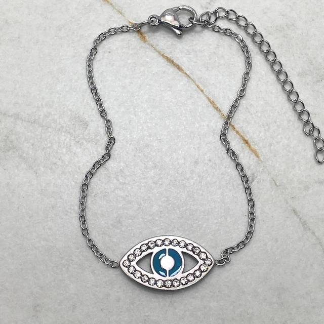 PULSERA CON OJO TURCO FULL MICROCRISTALES Y ESMALTADO CELESTE