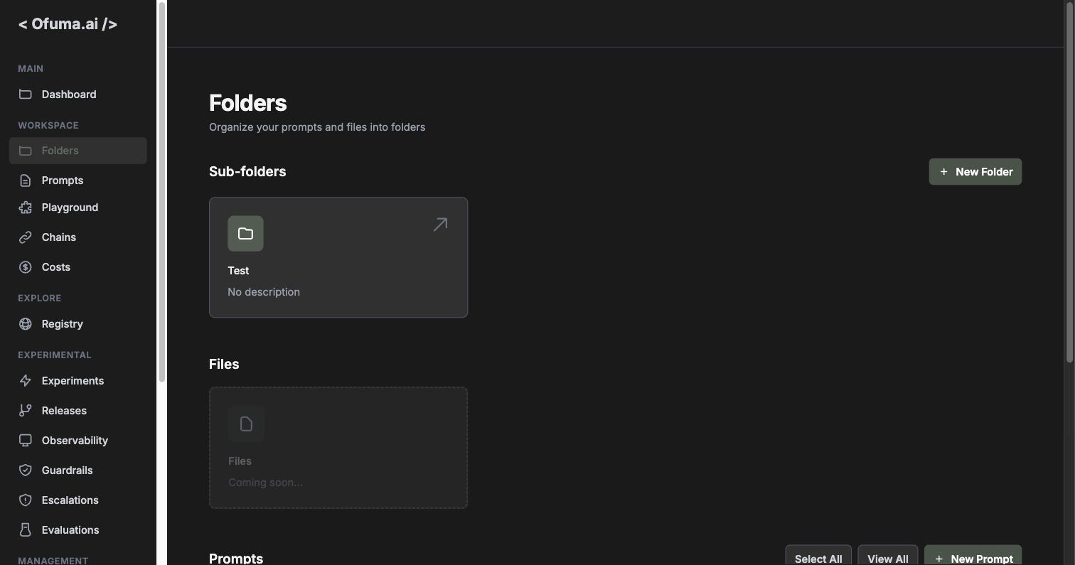 The Folders page, with sub-folders, the Files placeholder, and prompts below