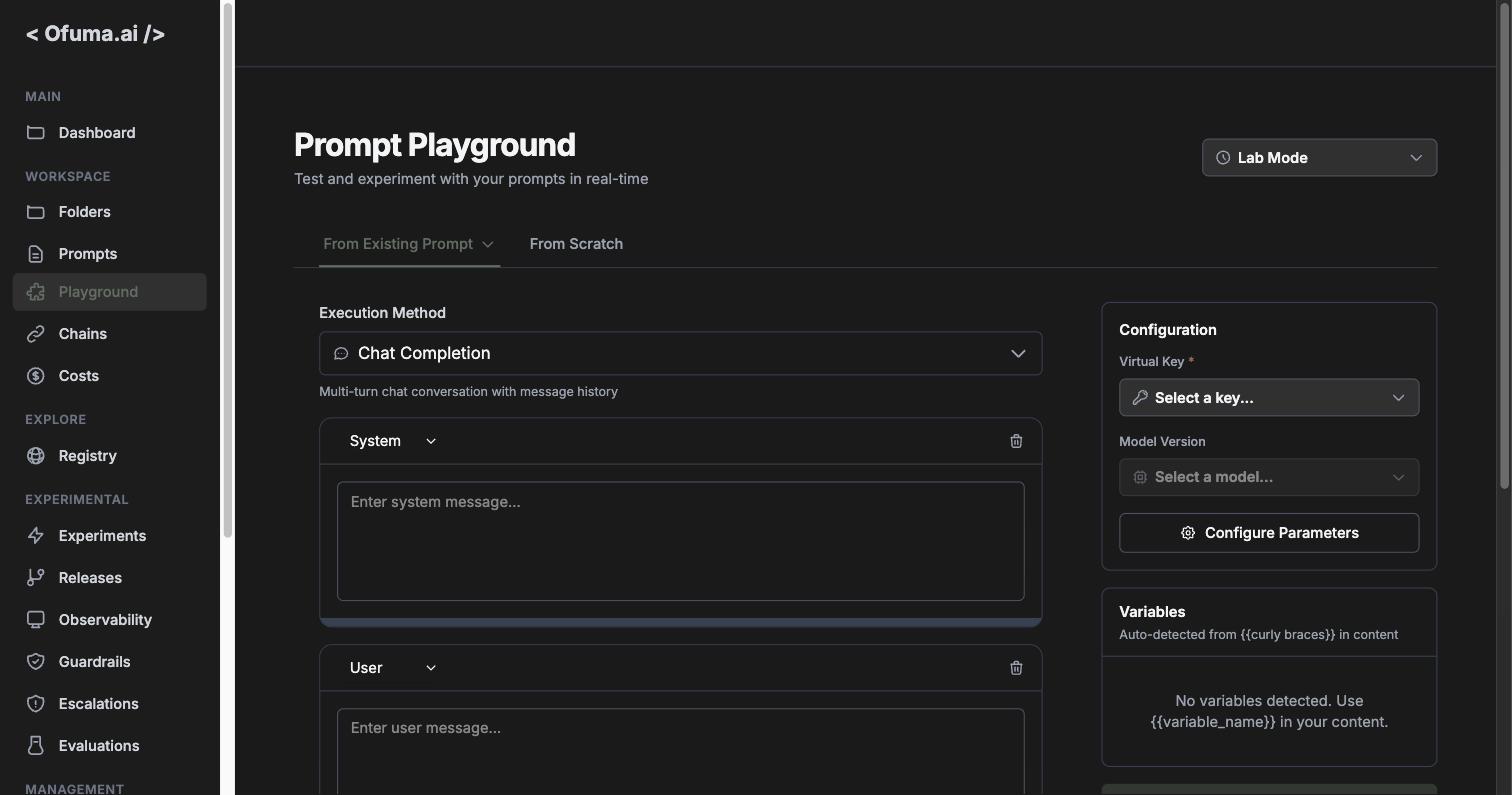 The Prompt Playground: execution method on the left, configuration on the right