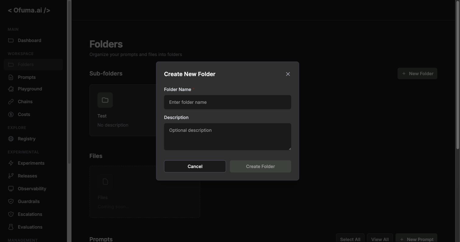 The Create New Folder modal: name and optional description