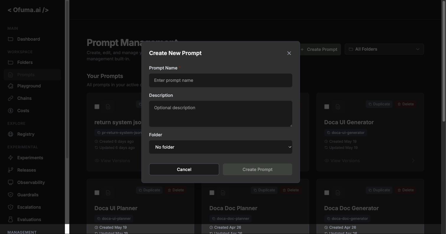 The Create New Prompt modal: name, description, folder