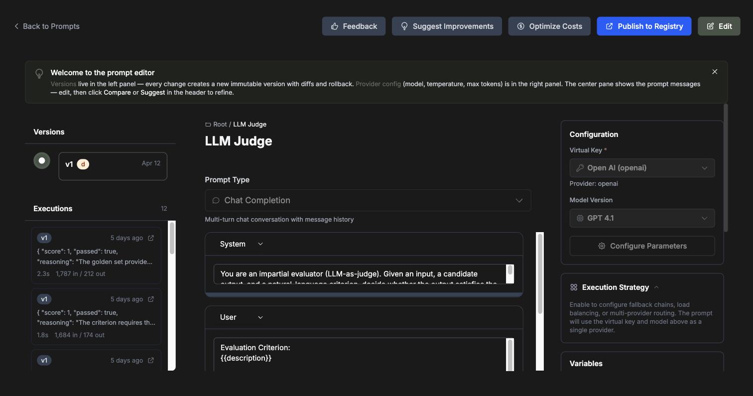 The prompt editor: versions and executions on the left, messages in the centre, configuration on the right