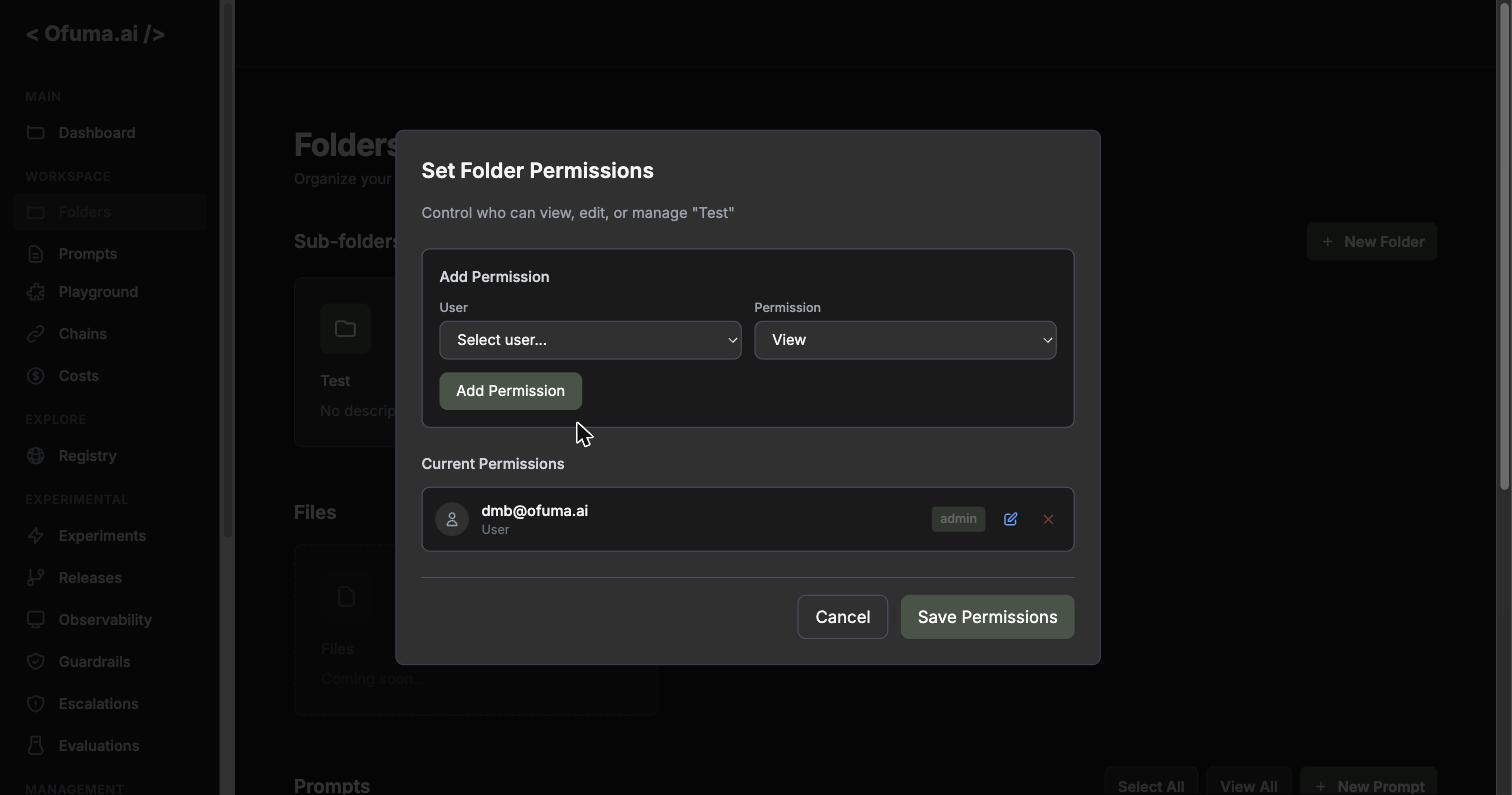 The Set Folder Permissions modal: add a user with a permission level, and the current permissions list