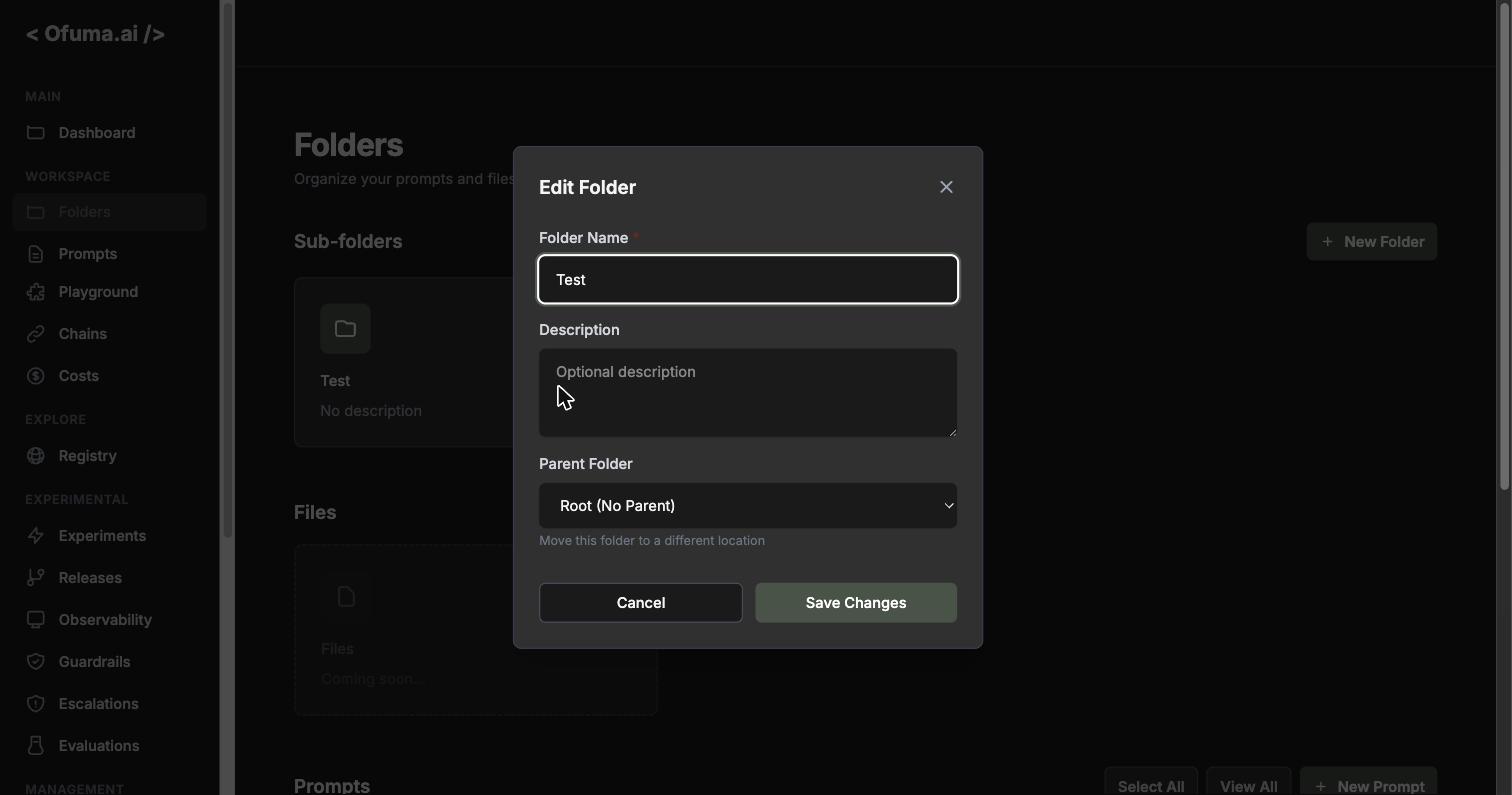 The Edit Folder modal: name, description, and a Parent Folder dropdown