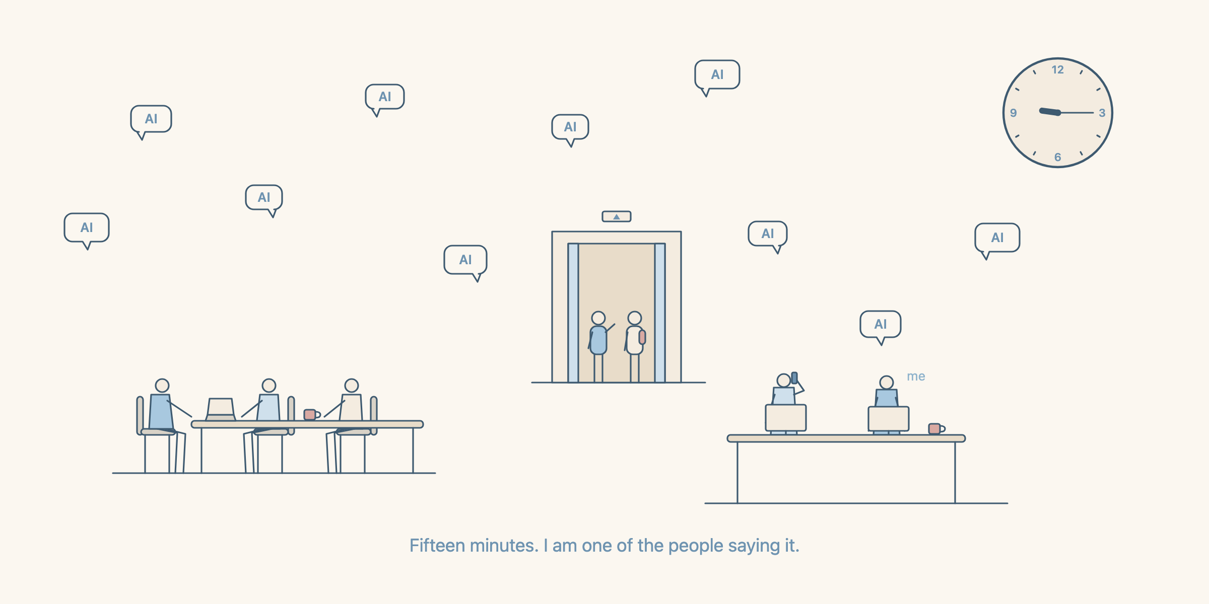Three office vignettes with ten AI speech bubbles floating between them and a wall clock reading 9:15.