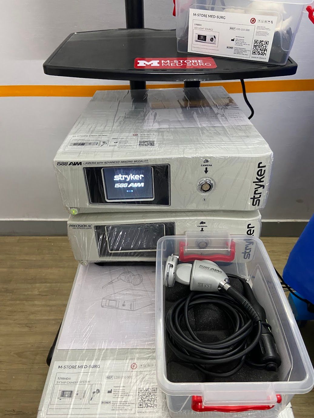Refurbished Stryker 1588 Camera Control Unit console paired with standard endoscopy 3-CMOS camera head