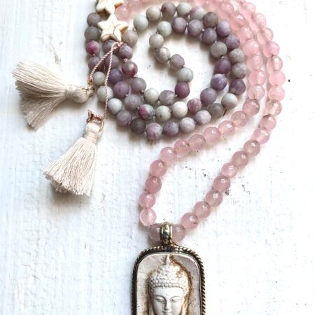 Mala Forgive Yourself mit Rosenquarz, Pink Turmalin und Buddhaanhänger aus Nepal für Selbstliebe und Selbstvergebung