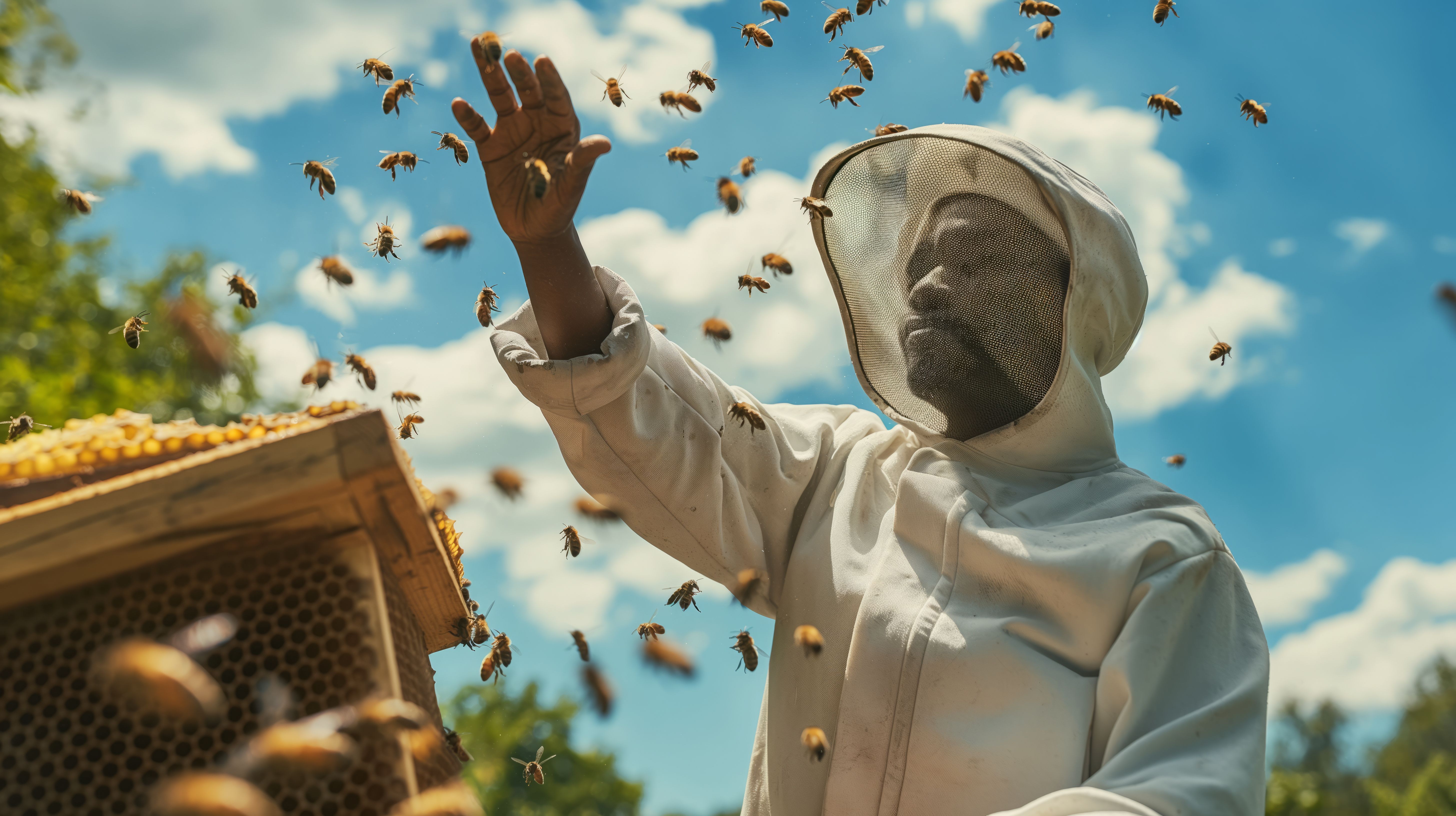 Beekeeper preparing tools and protective gear before opening a hive.