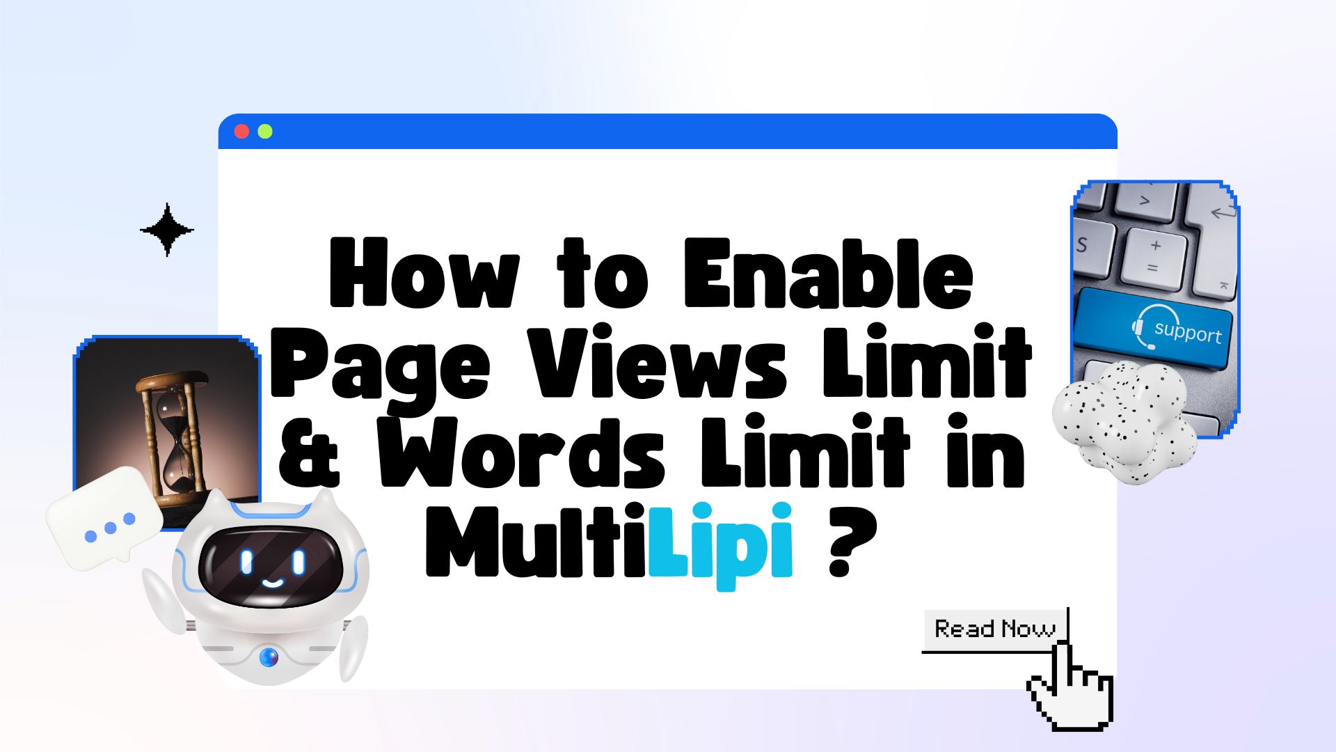 MultiLipi Setup page showing Page Views Limit and Words Limit sliders with input fields and Save buttons, highlighted with red border