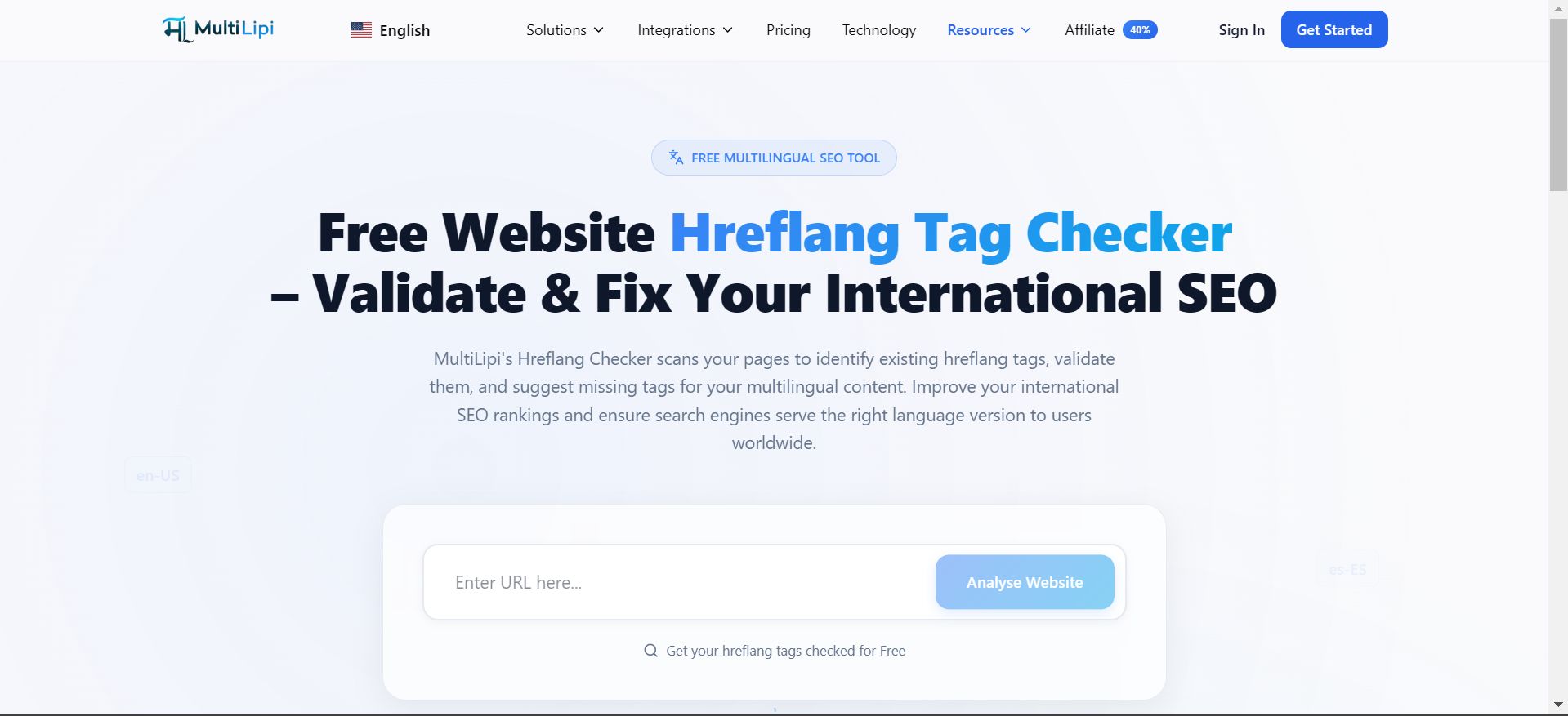 MultiLipi Free Hreflang Tag Checker showing validation interface for international SEO
