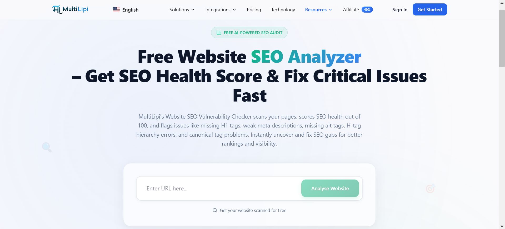 MultiLipi Free Website SEO Analyzer showing health score and vulnerability checker interface