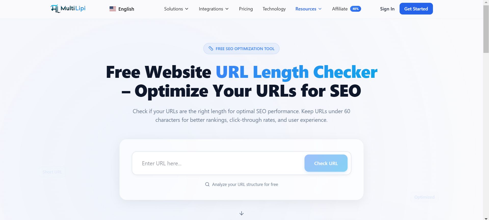 MultiLipi Free URL Length Checker showing optimization interface for SEO-friendly URLs