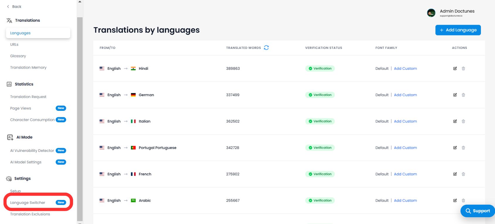 Language Switcher Settings in MultiLipi Dashboard