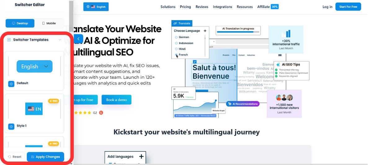 Language Switcher Template Selection showing Default and Style options