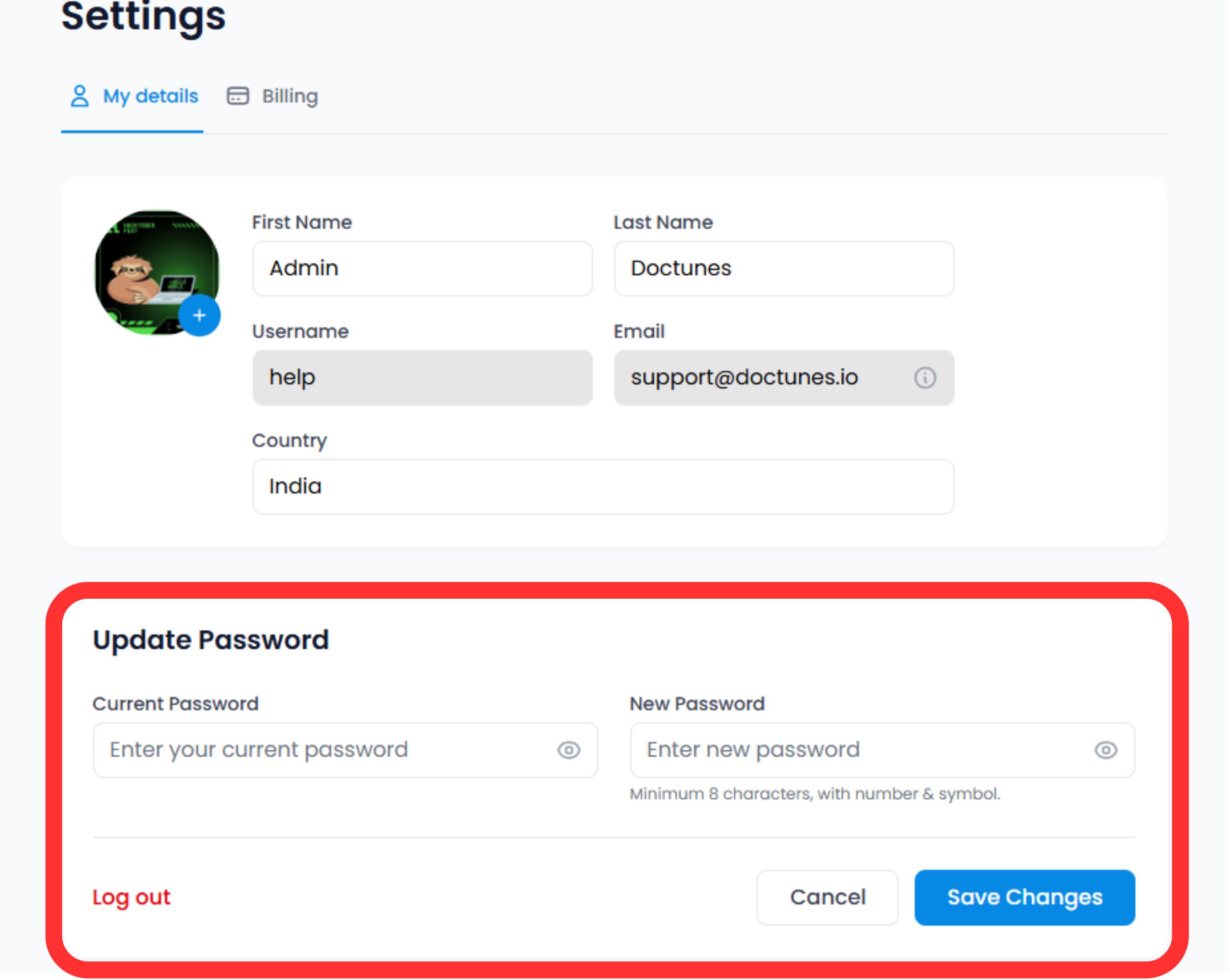 MultiLipi Settings page showing My details and Billing tabs, with user profile form containing First Name (Admin), Last Name (Doctunes), Username (help), Email (support@doctunes.io), and Country (India) fields. Below is an Update Password section highlighted in red with Current Password and New Password input fields, plus Log out, Cancel, and Save Changes buttons