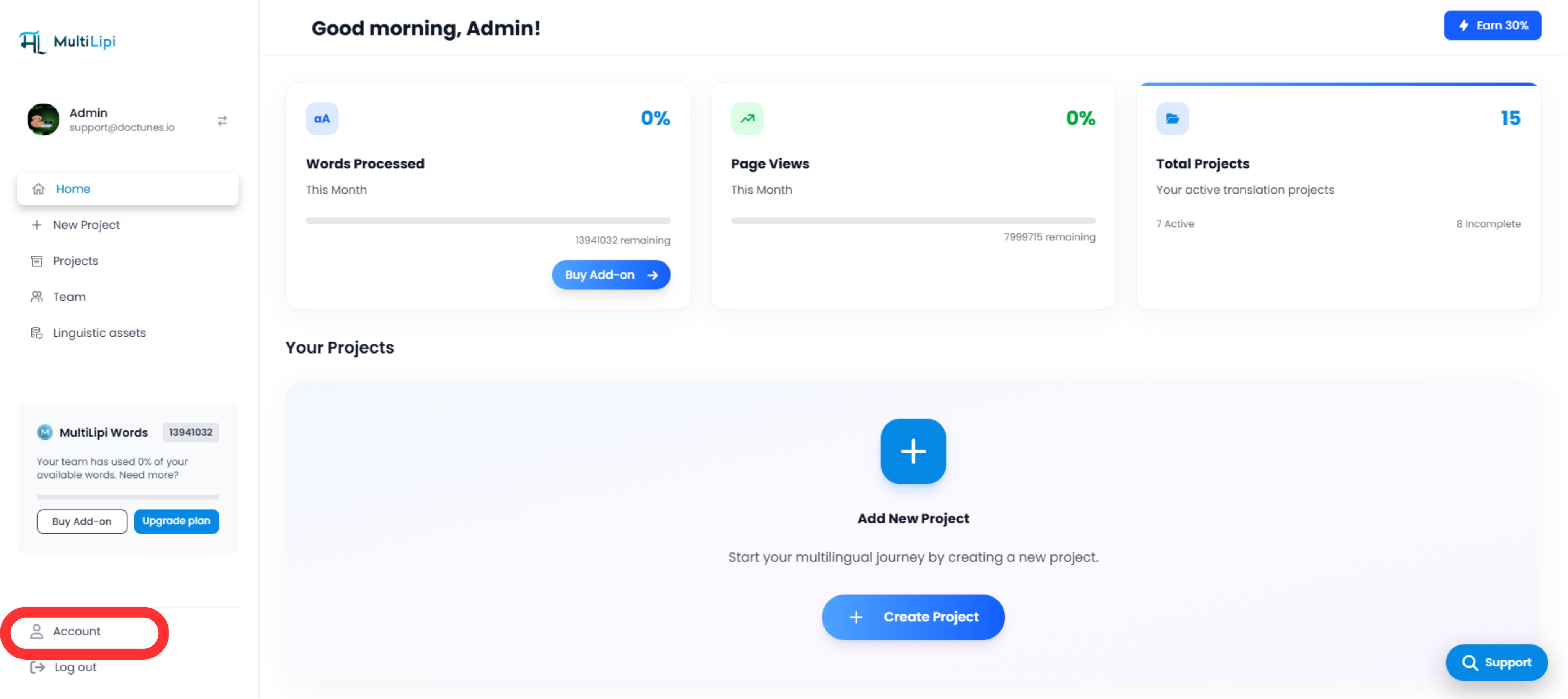 MultiLipi dashboard interface showing the Account tab highlighted in red at the bottom of the left sidebar, with the main dashboard displaying greeting 'Good morning, Admin', statistics for Words Processed (0%), Page Views (0%), and Total Projects (15), and a Your Projects section with an option to Add New Project