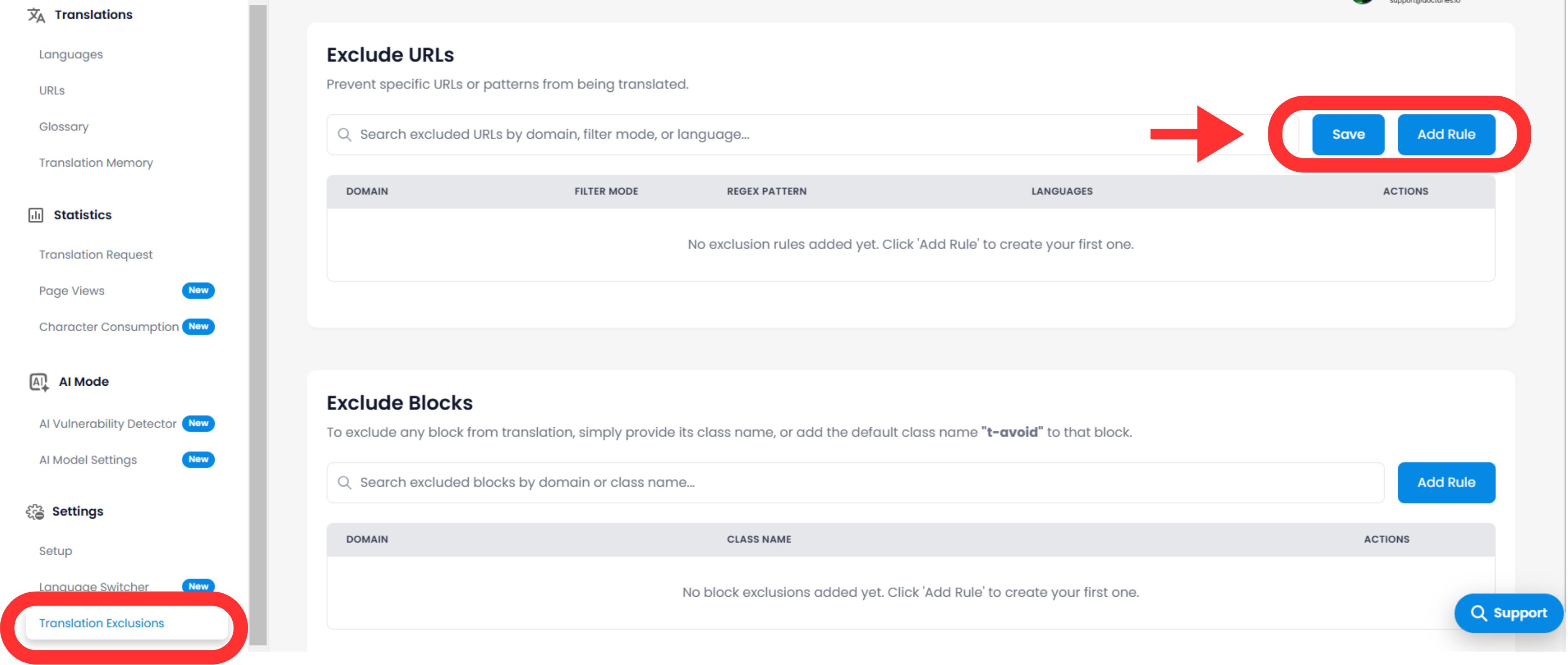 MultiLipi Translation Exclusions settings page showing Exclude URLs and Exclude Blocks sections with Add Rule buttons highlighted, displaying empty state with prompts to create first exclusion rules