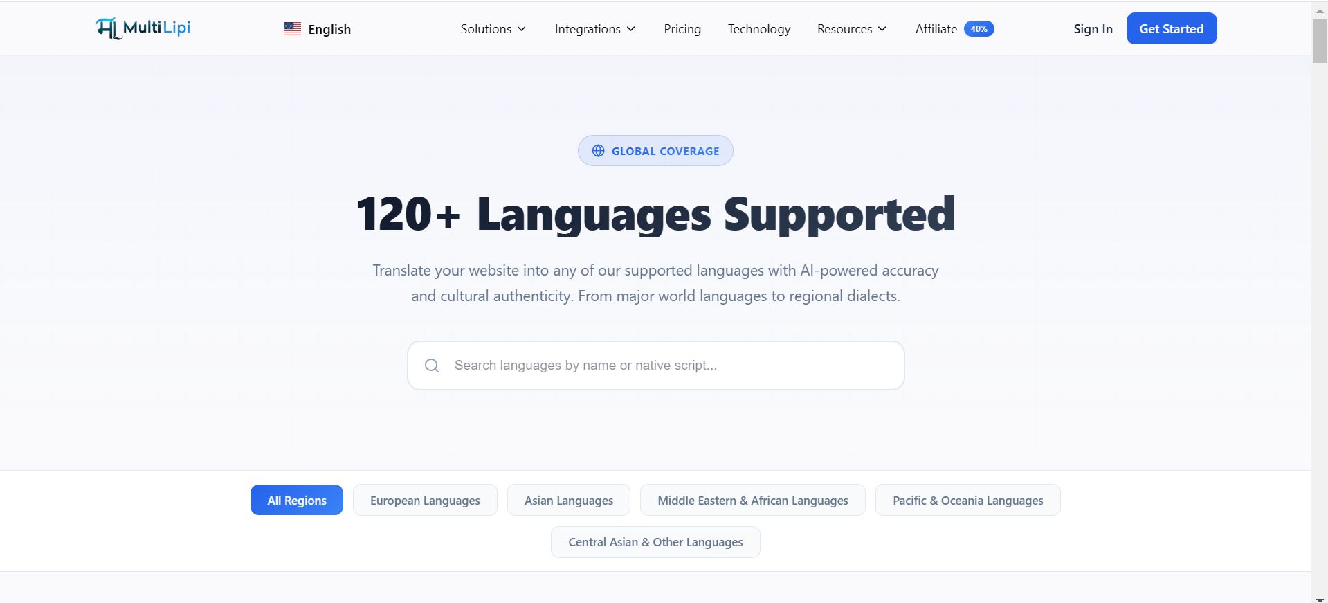 MultiLipi 120+ Languages Supported page showing GLOBAL COVERAGE heading with search bar and regional filter tabs including All Regions, European Languages, Asian Languages, Middle Eastern & African Languages, Pacific & Oceania Languages, and Central Asian & Other Languages