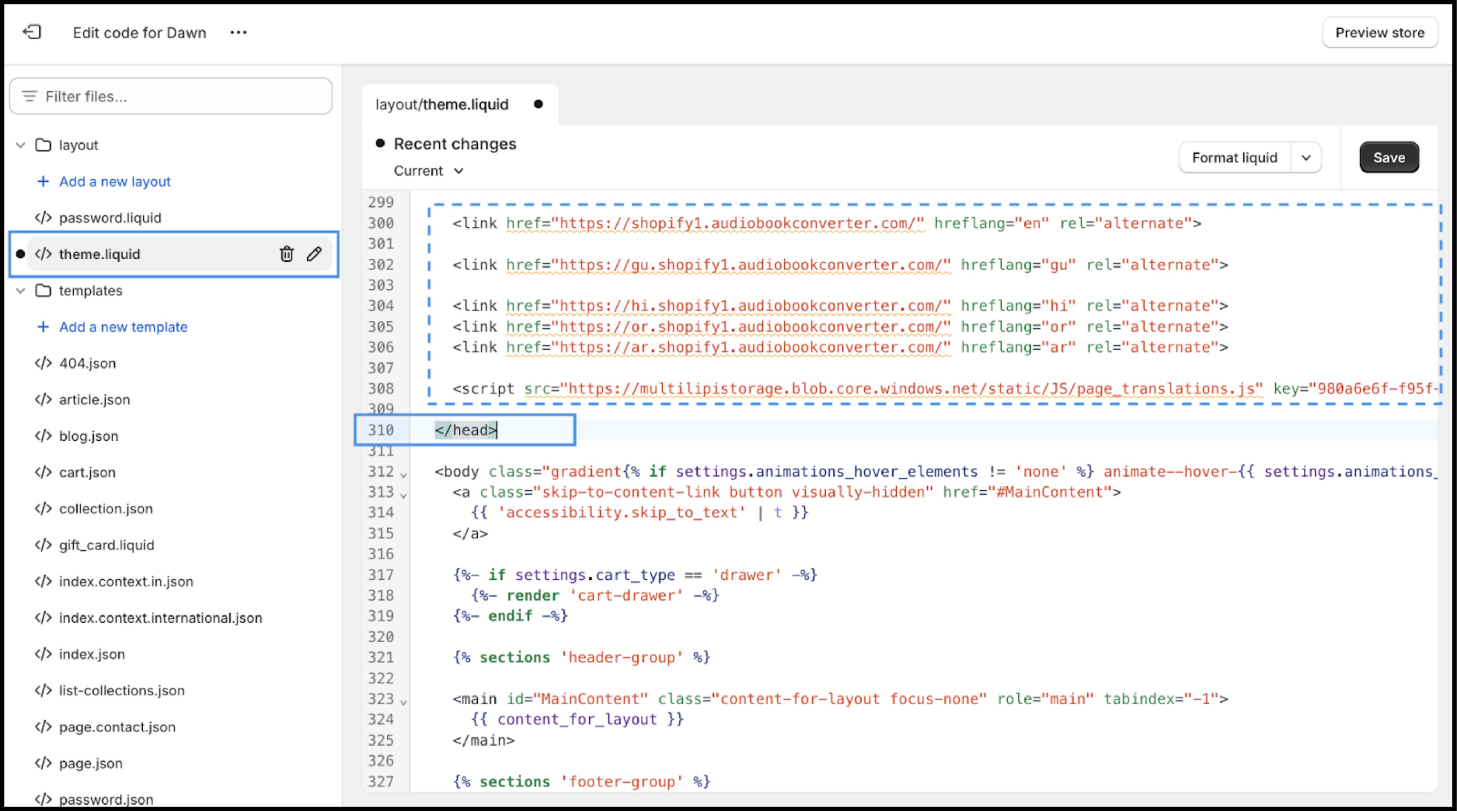 Shopify code editor showing theme.liquid file with MultiLipi script injection before closing head tag, highlighted in blue box on line 308-309