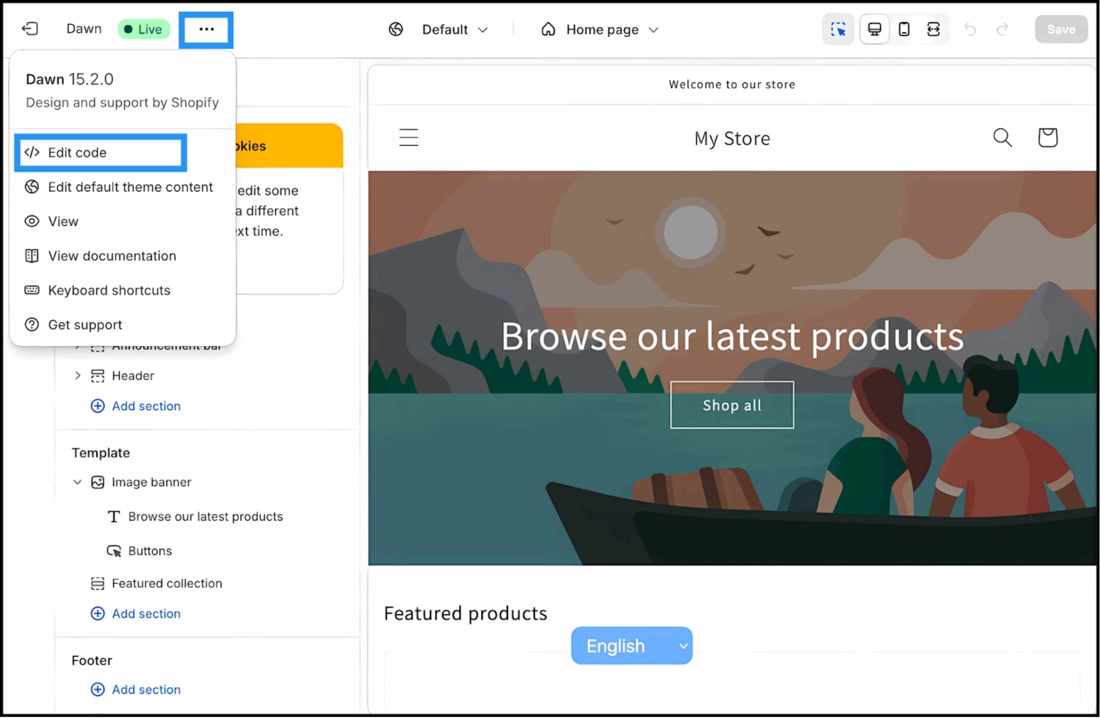 Shopify theme editor showing Edit code button highlighted in the Dawn theme customization menu