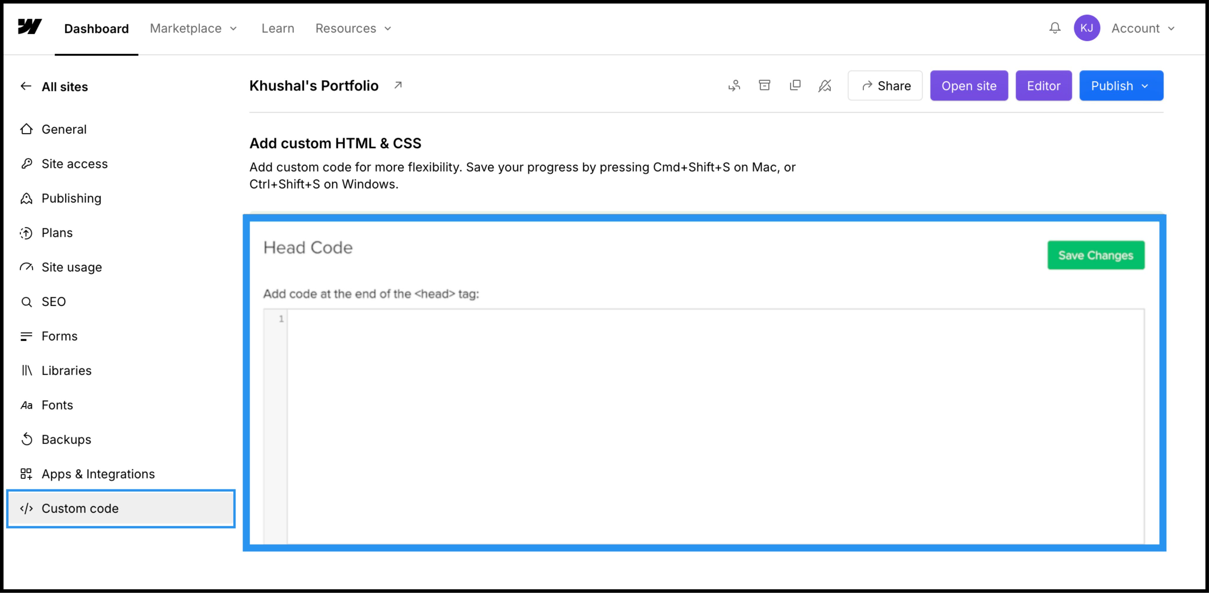 Webflow Custom Code settings page showing Head Code section with empty text field and green Save Changes button, Custom code menu item highlighted in left sidebar