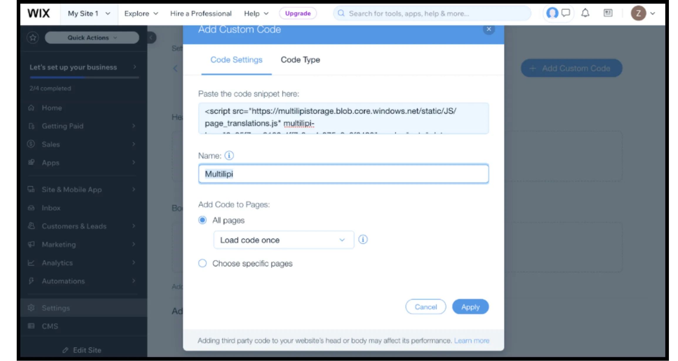 Wix Add Custom Code modal dialog showing Code Settings tab with MultiLipi script example, name field set to 'Multilipi', All pages radio button selected with Load code once dropdown, and Apply button