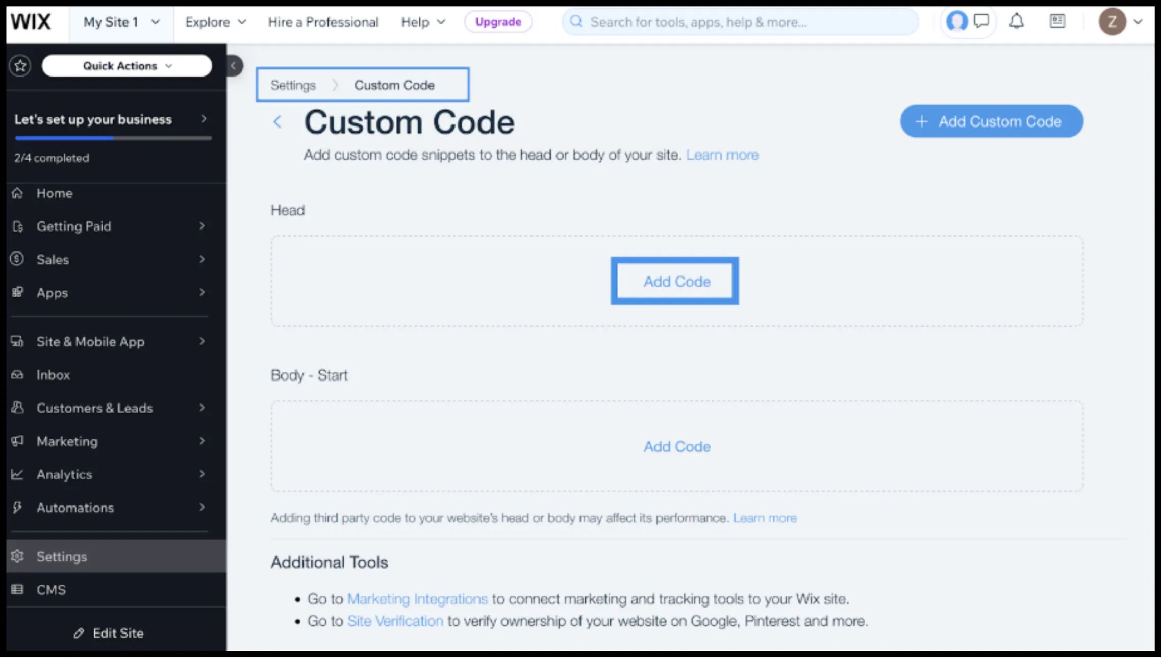 Wix Custom Code settings page showing Custom Code tab highlighted, with Head and Body-Start sections displaying Add Code buttons in blue boxes