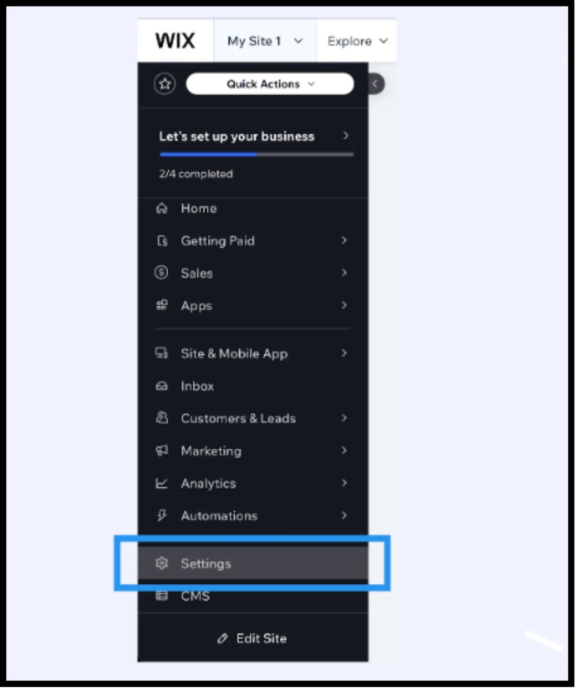 Wix dashboard left sidebar with Settings menu item highlighted in blue box, showing navigation options including Home, Getting Paid, Sales, Apps, Site & Mobile App, and CMS